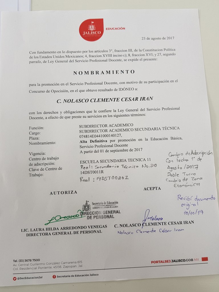 cinccesarnol's tweet photo. d @HILDAARREDONDO Mi RFC NOCC791207N25 y cel3411151568. Me entregaron nombramiento en 14DST0011R Y tengo cambio de adscripción a 14DST0020Z https://t.co/69ccHD3bHx