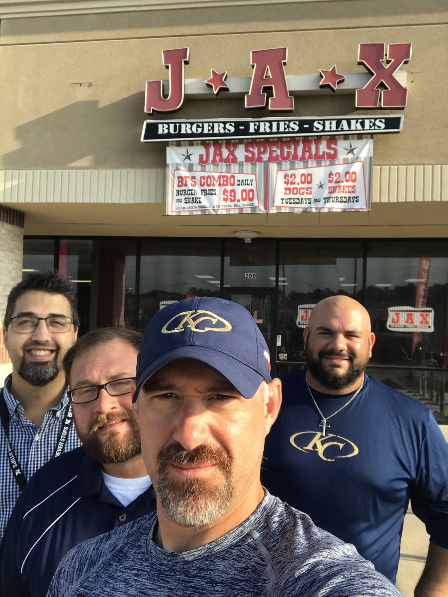 CoachMTroutman's tweet photo. KC Selfie Challenge- Local Restaurant, Local Fire Station(rebuilding), Local Costume Shop #group27 @KleinCollins https://t.co/s4mVST2lsG