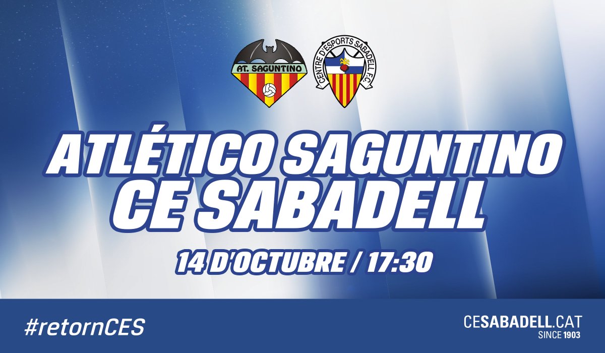 CESabadell's tweet photo. ⚠️ Partit en dissabte ⚠️

📅 14 d'octubre
🕠 17:30
🏟 Nou Camp de Morvedre
🆚 @AtcoSaguntino

Prèvia i convocats:
👉 https://t.co/1jPphUBs2v 👈 https://t.co/DYUUyTScEQ