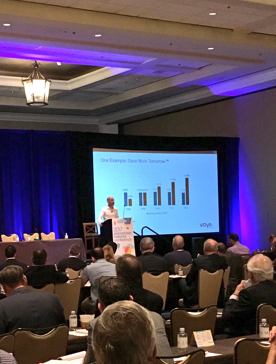 AscensusInc's tweet photo. .@shlomobenartzi: Research suggests that higher auto enrollment rates don’t decrease overall #retirement plan participation. #PANC2017 https://t.co/KUueMurDYe