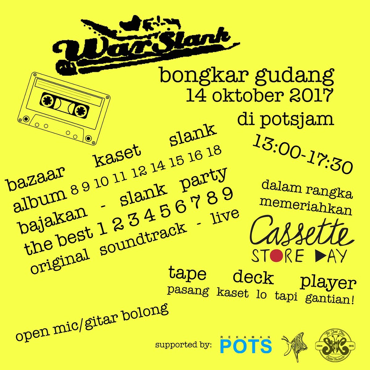 slankdotcom's tweet photo. Lengkapi koleksi kaset #Slank kalian berikut bonusnya! Silahkan melipir ke #PotsJam BESOK siang di #CasseteStoreDay https://t.co/uShRfAUsLB