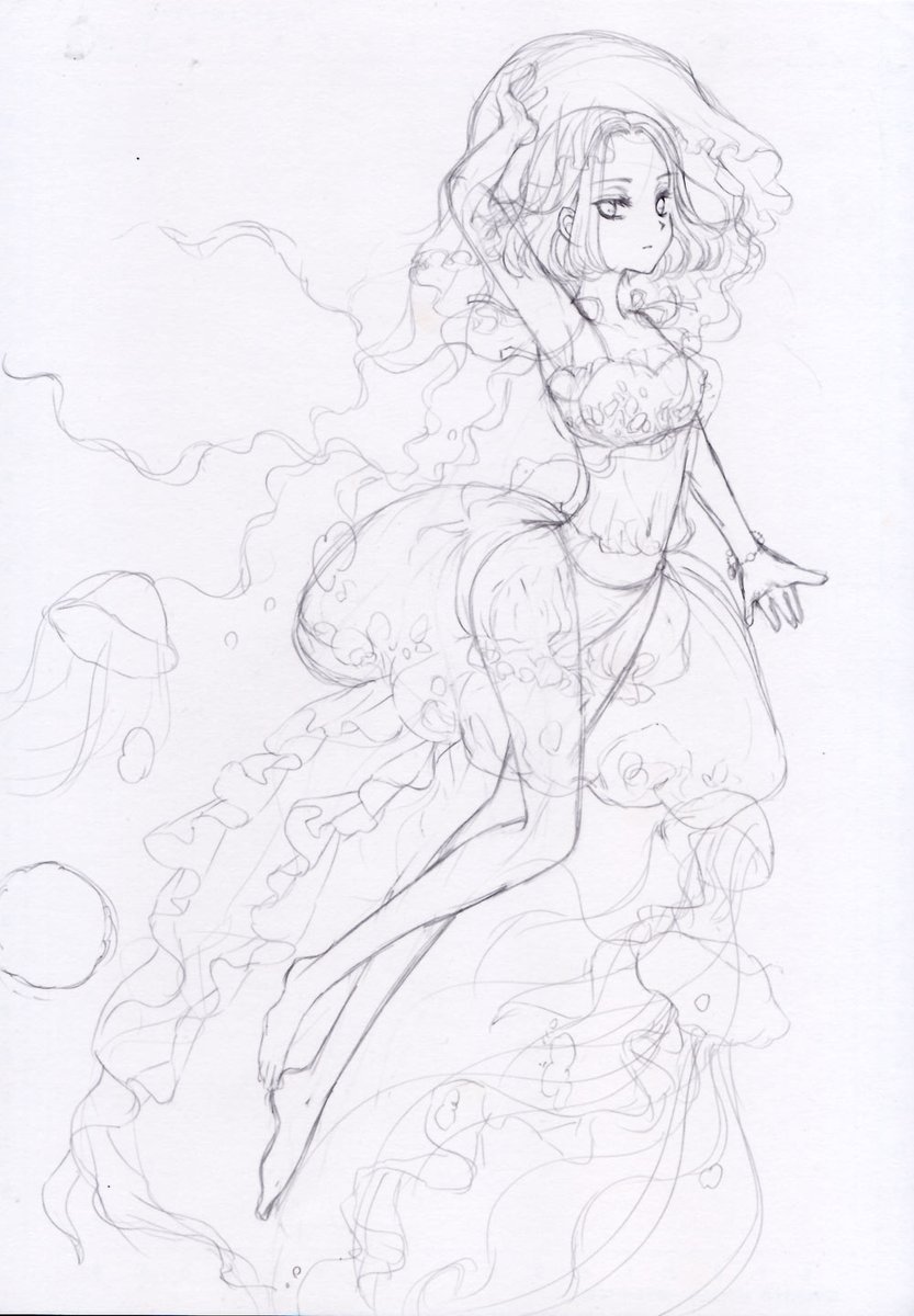 桜 由月 人魚姫ならぬ海月姫を描こうとして 下半身を海月にしたらなんだか恐ろしい生き物になったので 足を生やしてみました クラゲモチーフのドレスということで W バルンスカートって ちょっと前に流行ったよね