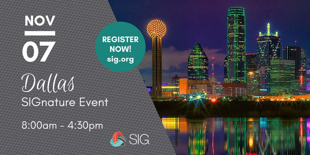 Heather_SIG's tweet photo. Save the date! We'll meet you in #Dallas on November 7th. Register at: https://t.co/oFZTPEzpnD #SIGsource https://t.co/wCZp4Bv6ZA