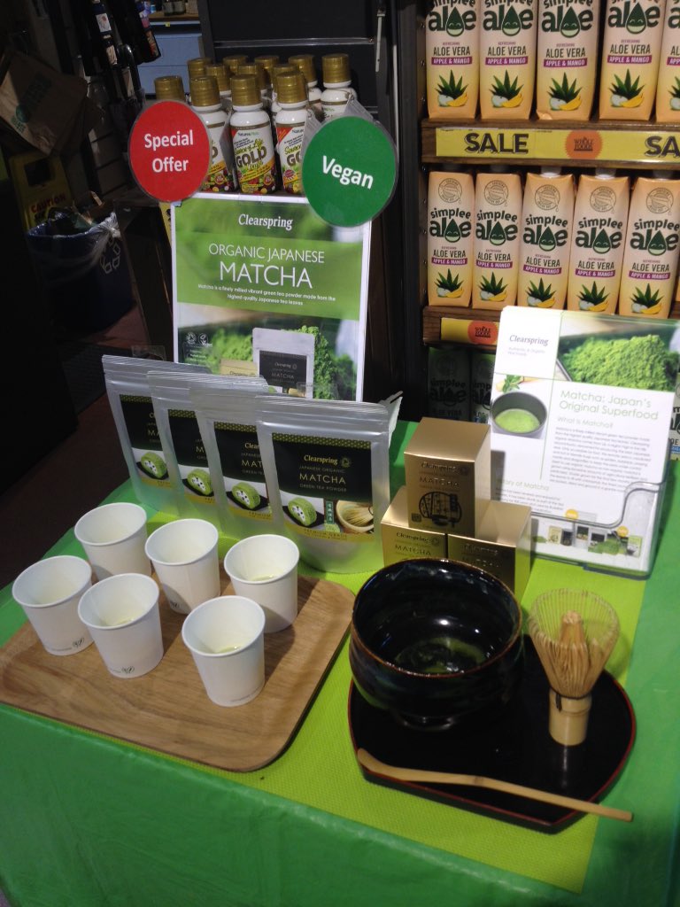 ClearspringUK's tweet photo. We're sampling #Matcha #tea @WholeFoodsUK #StokeNewington #today ! Come and try๐ #JustAddMatcha #organic #vegan https://t.co/LXAkoD9sor