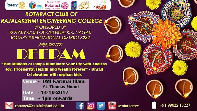 rotaractrec's tweet photo. Greetings Rotaractors!
Celebrate diwali with us at DMI Karunai Illam , St.Thomas Mount
DATE: 14 October 2017
TIME:  4 PM Onwards. https://t.co/qC8uE05KsC