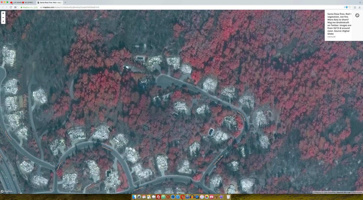 JoanTFon's tweet photo. The fire chose the houses and left the trees #sonomafires #CaliforniaFires #CaliforniaWildfires  (the red indicates vegetation) https://t.co/K0qNP1rX0t