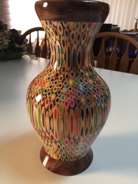 Rockler's tweet photo. Anthony Lira from our Schaumburg, IL store turned this colored pencil vase. Very cool! https://t.co/FiIpcGbESk