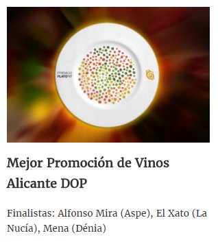 PremiosPlato's tweet photo. Finalistas del Premio Plato 2017 a la Mejor Promoción de Vinos Alicante DOP

#premiosplato2017 https://t.co/ivhgDf2Ssn