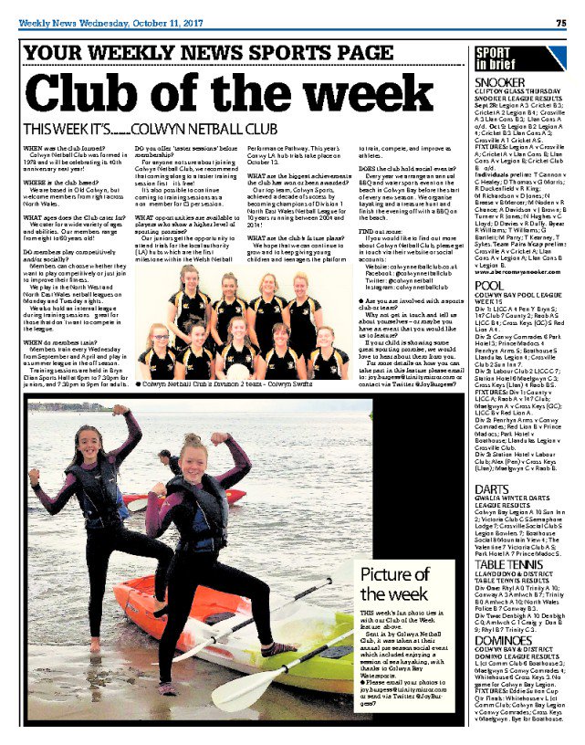 In this week's <a href="/NWWeeklyNews/">NorthWalesWeeklyNews</a> Your Sports q&amp;a is <a href="/colwynnetball/">Colwyn Netball Club</a> To take part, please email joy.burgess@trinitymirror.com for details