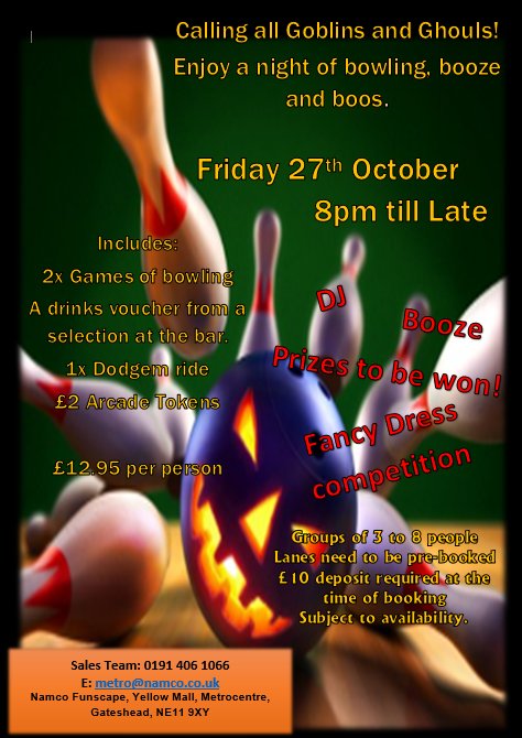 NamcoFunMetro's tweet photo. Come and enjoy an evening of fun and frights with friends or colleagues at our Halloween bowling party on Friday 27th October from 8pm https://t.co/g5g6uUXbok