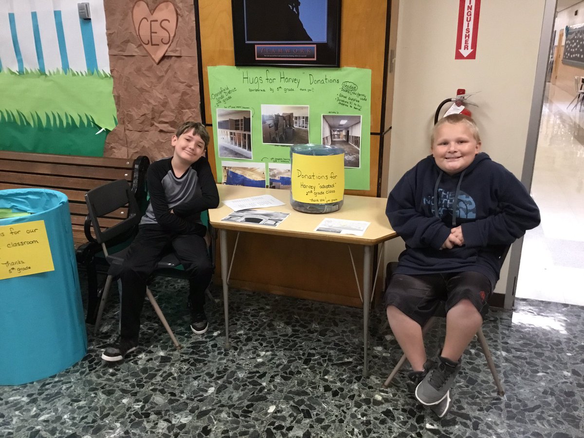 Colebrookdale's tweet photo. Hugs for Harvey. 5th graders collecting school supplies, monitary donations for 2nd grade classroom in Orange Texas #PrideofCES #BASDPride https://t.co/pKbV3LZVqi