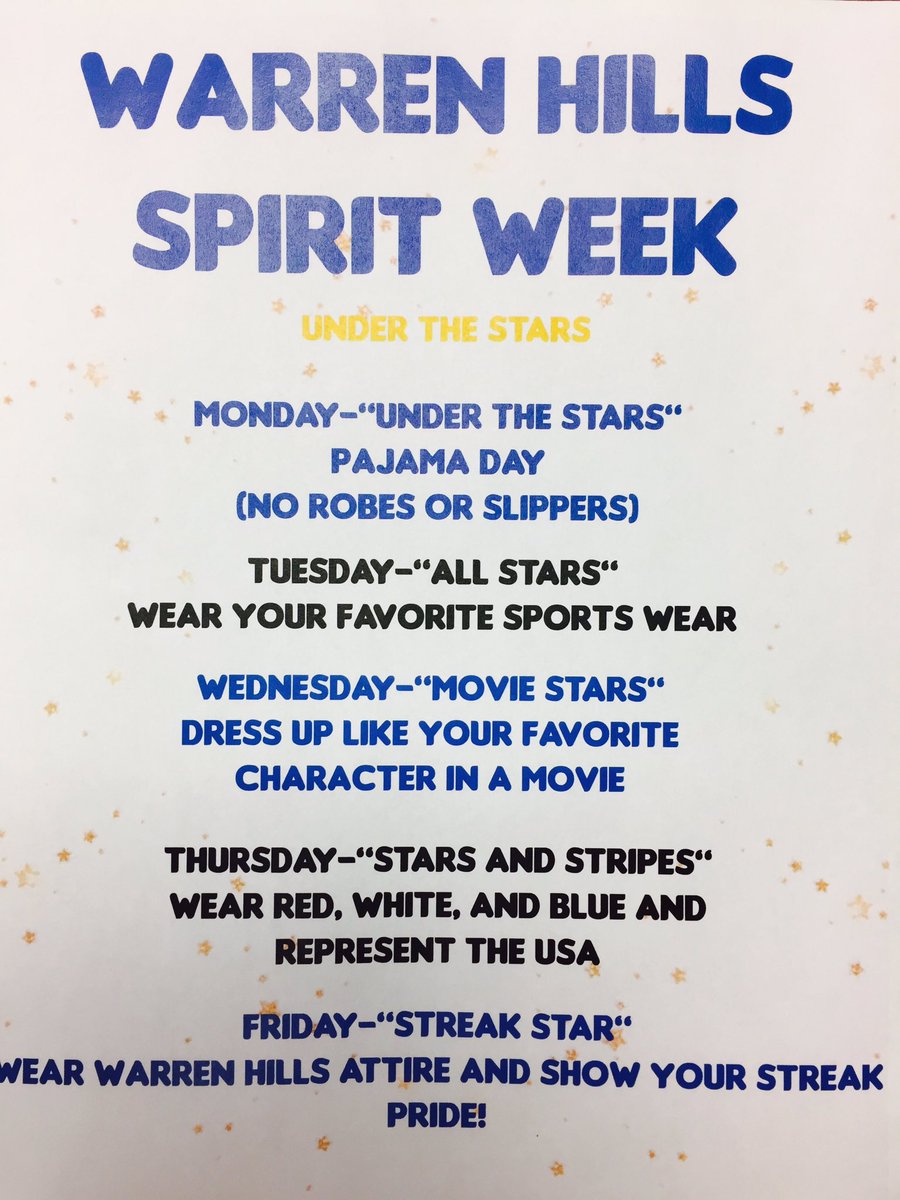 ⭐️Homecoming Spirit Week🌟 [October 23 - October 27] 
Homecoming Dance : October 28
<a href="/WHRHighSchool/">Warren Hills HS</a>