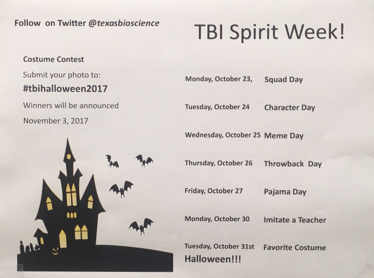 TexasBioscience's tweet photo. Don’t miss spirit week, Mon. Oct 23rd -Tues. Oct 31st! https://t.co/NrGSBatraj