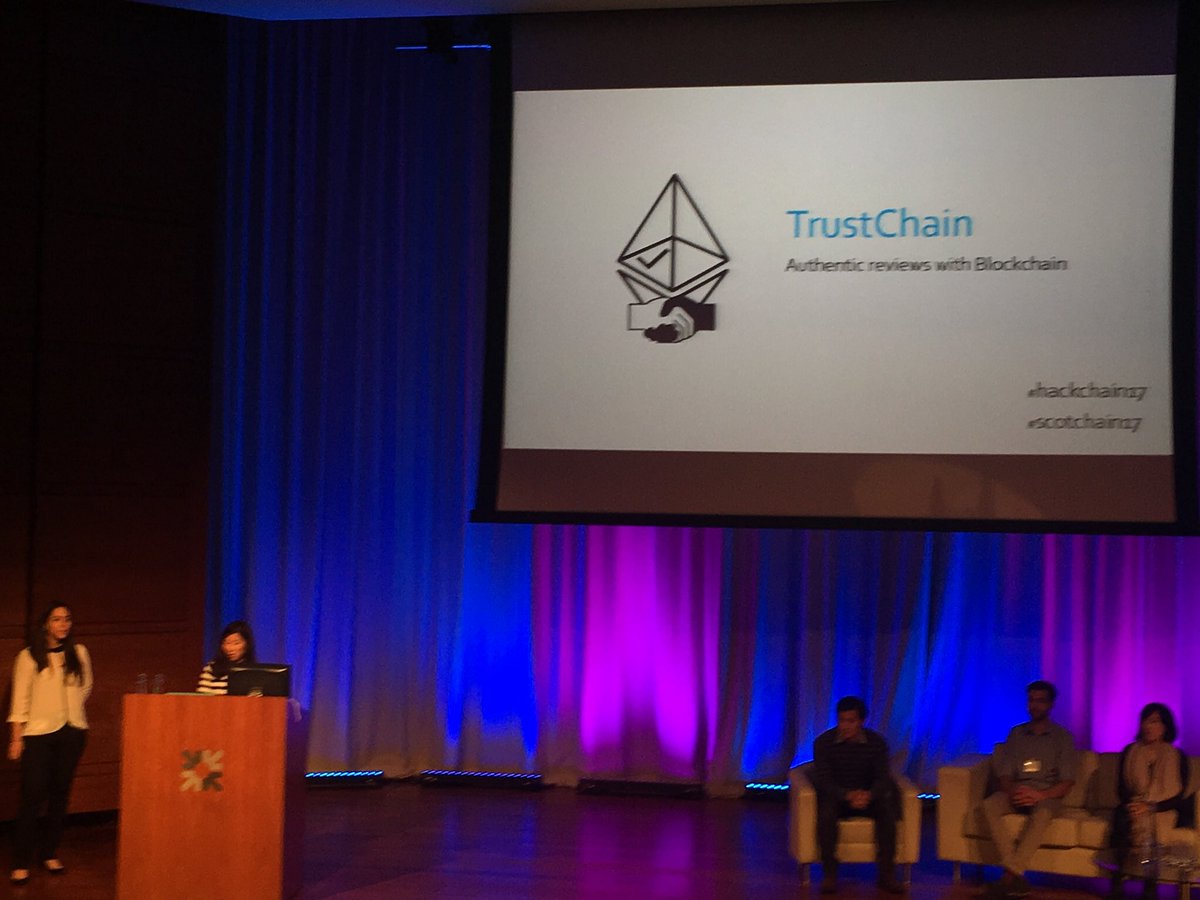 digitfyi's tweet photo. The TrustChain team. Winners of the first #hackchain event are now introducing their solution to fake news &amp; reviews #ScotChain17 https://t.co/9fbSFMc5Z2