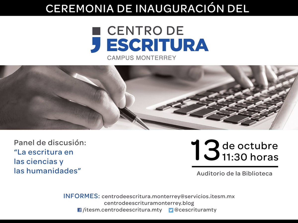 #Viernes13 #viernesdeInauguración #CentrodeEscritura 
Entrada libre #AuditoriodeBiblioteca 11:30 horas
web: centrodeescrituramonterrey.blog