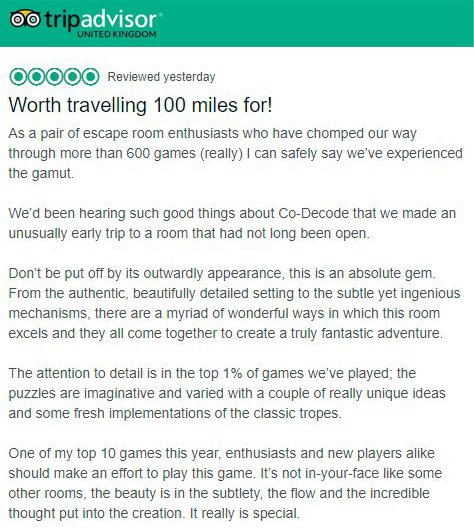 CoDecodeSwindon's tweet photo. "Worth travelling 100 miles for!" We're thrilled with our latest recommendation on #TripAdvisor π #VisitWiltshire #VisitSwindon #SOTSwindon https://t.co/YWLaslDA0X