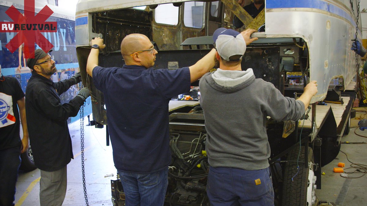 RVRevival's tweet photo. Stills from our documentary series, the final fitting of the Isuzu engine and chassis to an 80's #Airstream RV shell.  #hybrid https://t.co/sj6dyLuDU1