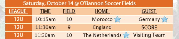 score4children's tweet photo. Horario de juegos para el dia Sabado 14 de Octubre para 6U, 8U, 10U y 12U! Schedule for tomorrow's games for 6U, 8U, 10U and 12U. https://t.co/eEOPn20sye