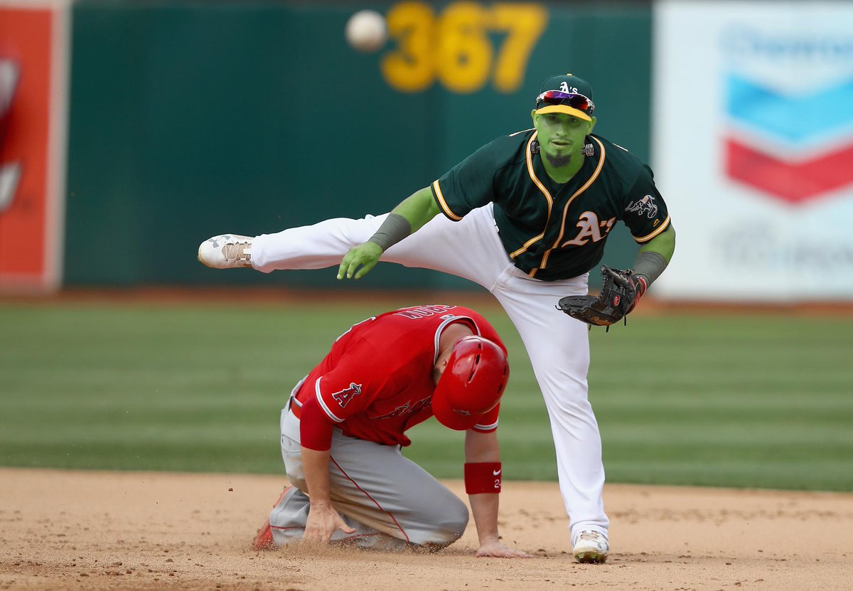 Athletics's tweet photo. This #FridayThe13th, we're getting #spookA. Beware of Franklinstein Barreto! https://t.co/v3RE6sIgTy