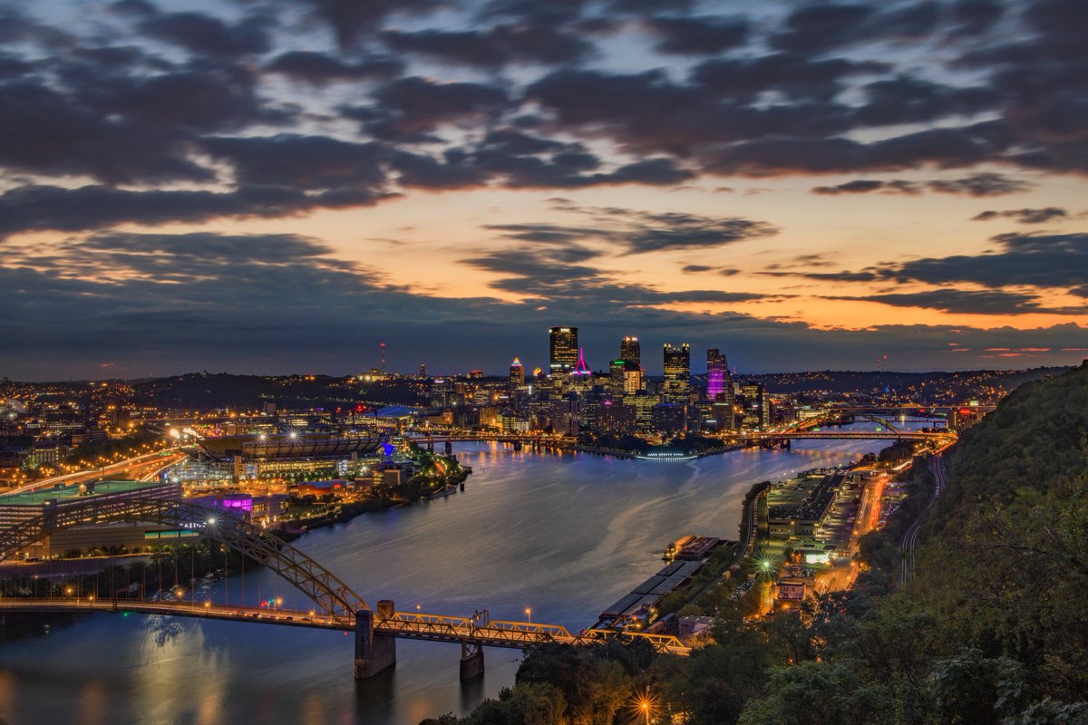 DaveDiCello's tweet photo. Another view of the beautiful start to the day in #Pittsburgh today, as clouds rushed quickly over downtown and the West End Bridge https://t.co/9BLho7wHdC