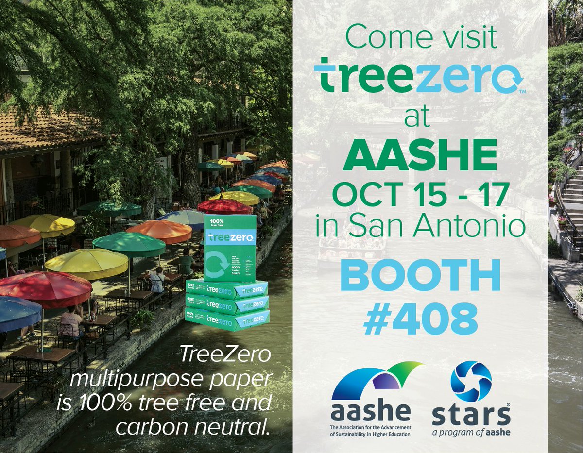 TreeZeroPaper's tweet photo. @TreeZero will be at #AASHE conference. Join us at Booth 408. Get the scoop on #treefree #carbonneutral paper #gotreefree #treefreepaper https://t.co/HAgxx7MrKk