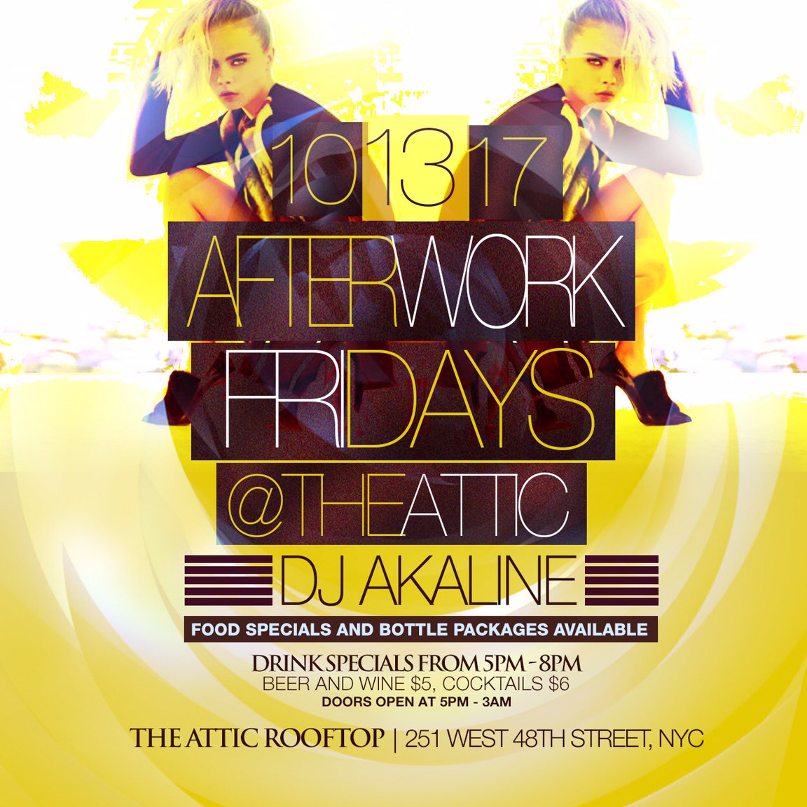 AfterWork411's tweet photo. Start the wkd w/ Happy Hour Drinks #Afterwork @theatticnyc   EAT/DRINK/DANCE/UNWIND w/ Hosted by https://t.co/kX7RowSWNc @FullyJiggy #aw411 https://t.co/dK51C9DHl5