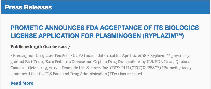 LifeSciComms's tweet photo. #PROMETIC ANNOUNCES FDA ACCEPTANCE OF ITS BIOLOGICS LICENSE APPLICATION FOR #PLASMINOGEN (RYPLAZIM™) Press Release: https://t.co/sjKioU7ejP https://t.co/ci2MOEuoi4