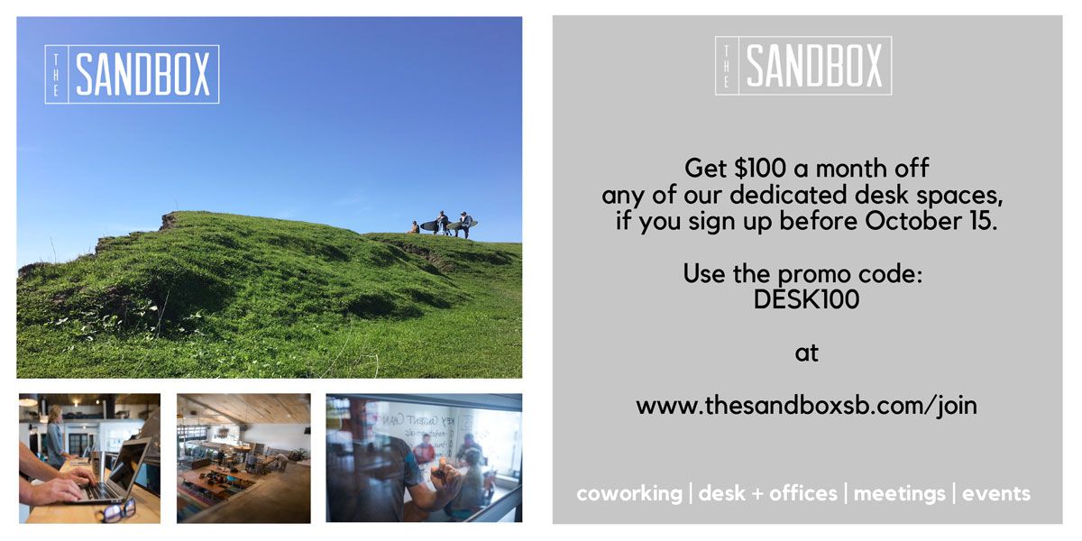 sandboxsb's tweet photo. Get in on our $100 off offer for your own desk space at THE SANDBOX through Monday October 16. They are going fast! https://t.co/txnsDkNE3K https://t.co/qQBar5TkZ2