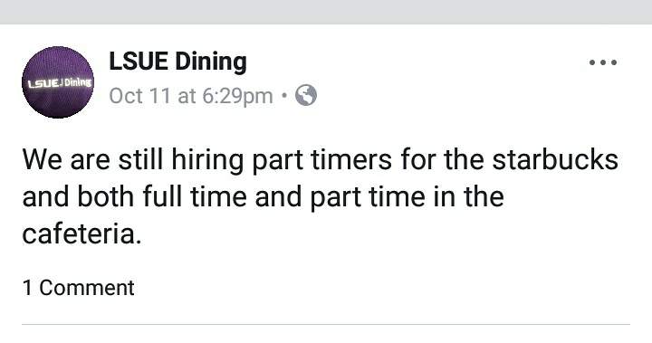 lsuedining's tweet image. Reminder that we are still hiring! Also add us on Facebook! #LSUEdining #hiring