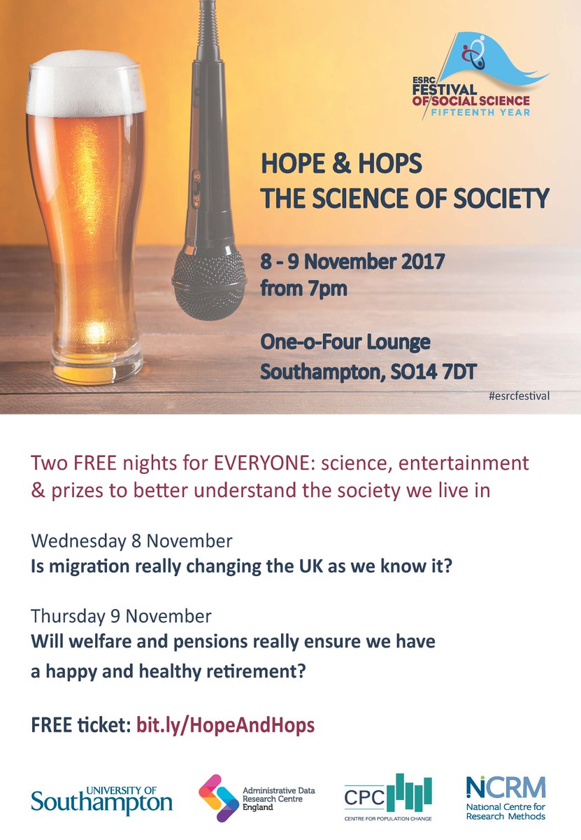 Two FREE nights for everyone: science, entertainment &amp; prizes at #ESRCfestival #Southampton on #migration &amp; #ageing bit.ly/HopeAndHops