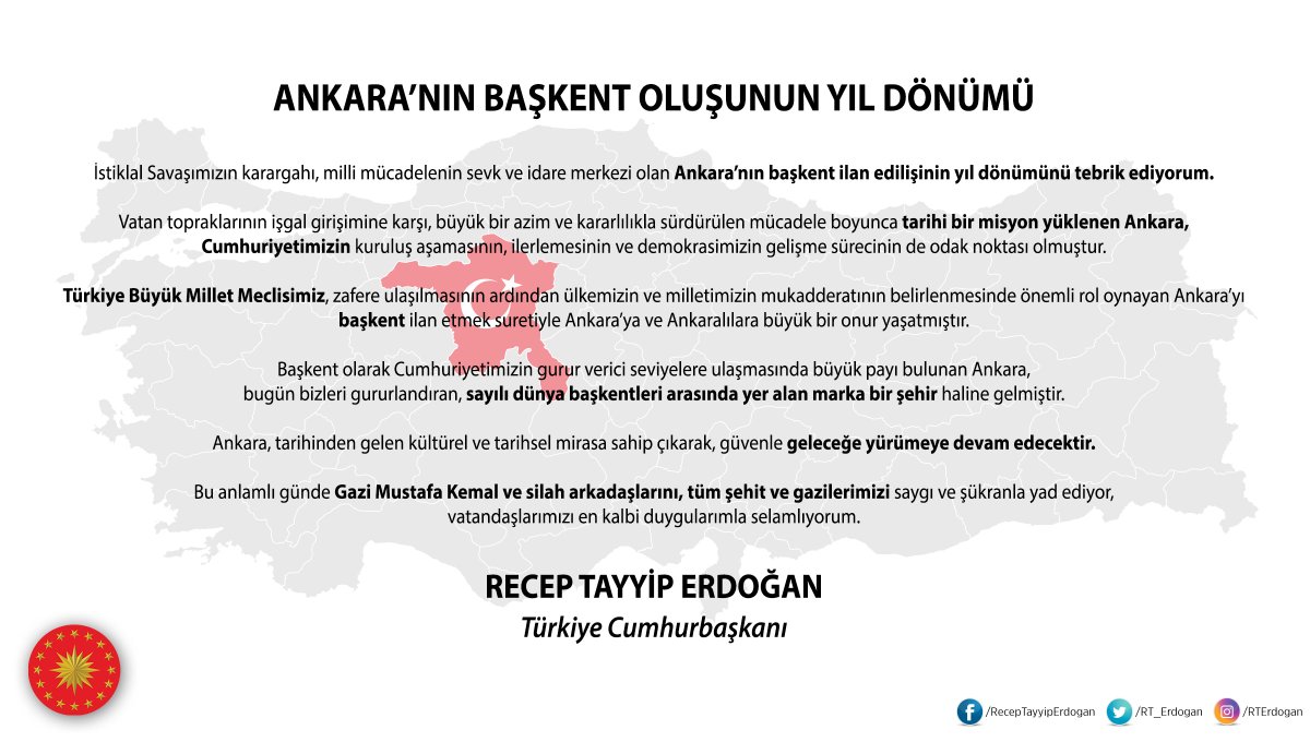 İstiklal Savaşımızın karargahı, milli mücadelenin sevk ve idare merkezi Ankara’nın başkent ilan edilişinin yıl dönümünü tebrik ediyorum.