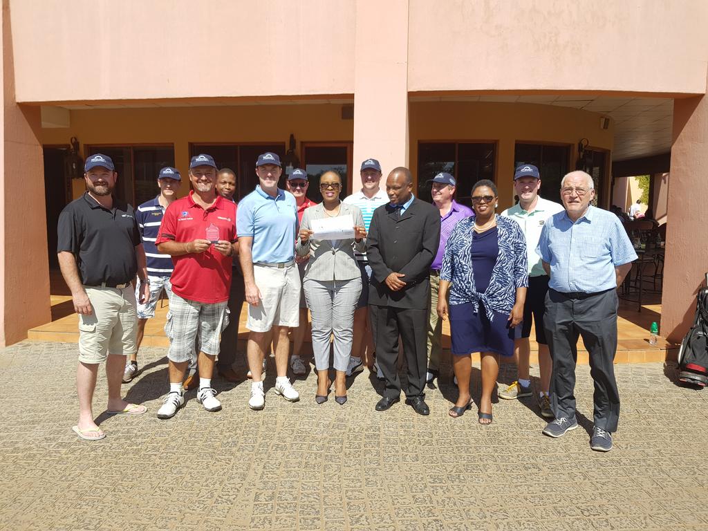 PnyxLtd's tweet photo. #AMS17 @GRVGlobal presents cheque to Mpule Kwekagobe Children's Centre & @BWGovernment with players enjoying a Charity Golf Day at Phakalane https://t.co/kFiUqN1XB7