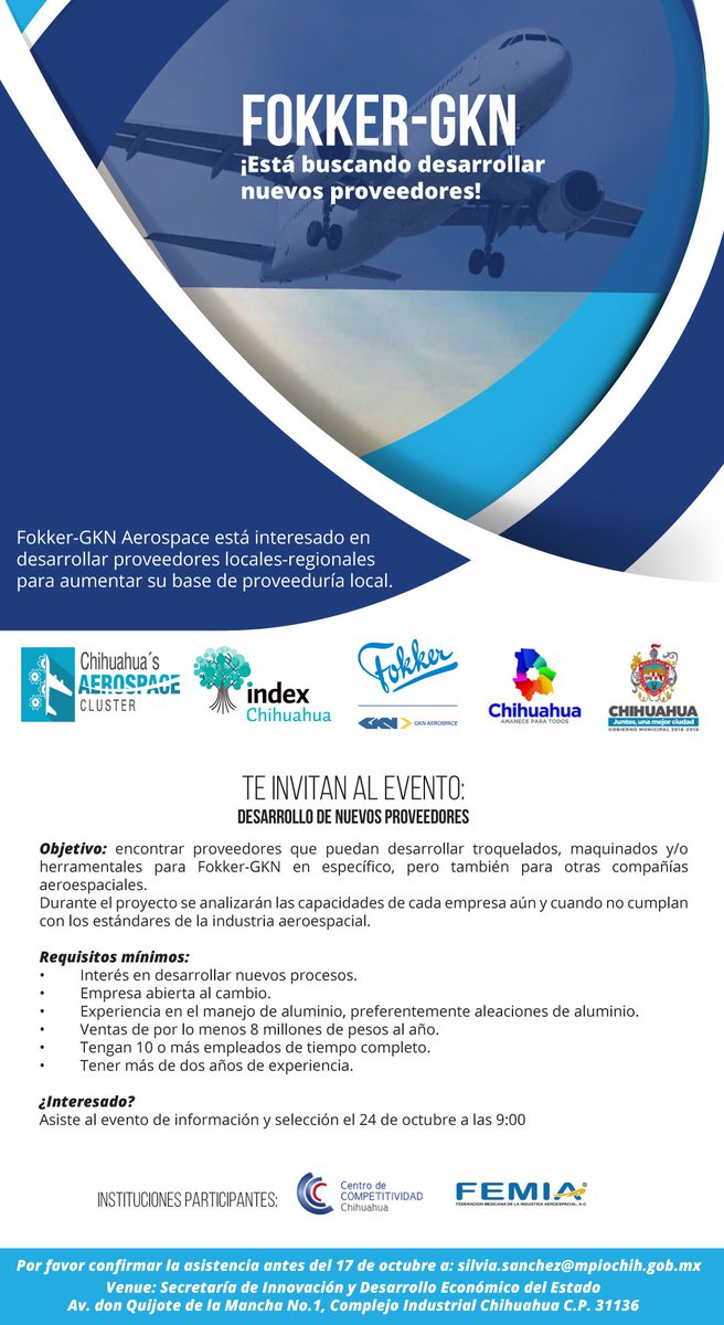 AeroClusterChih's tweet photo. Fokker-GKN 
Está buscando desarrollar nuevos proveedores locales en MAQUINADOS y SHEET METAL. Asiste al evento este 24 de Octubre. https://t.co/Ry1Z3w4G9b