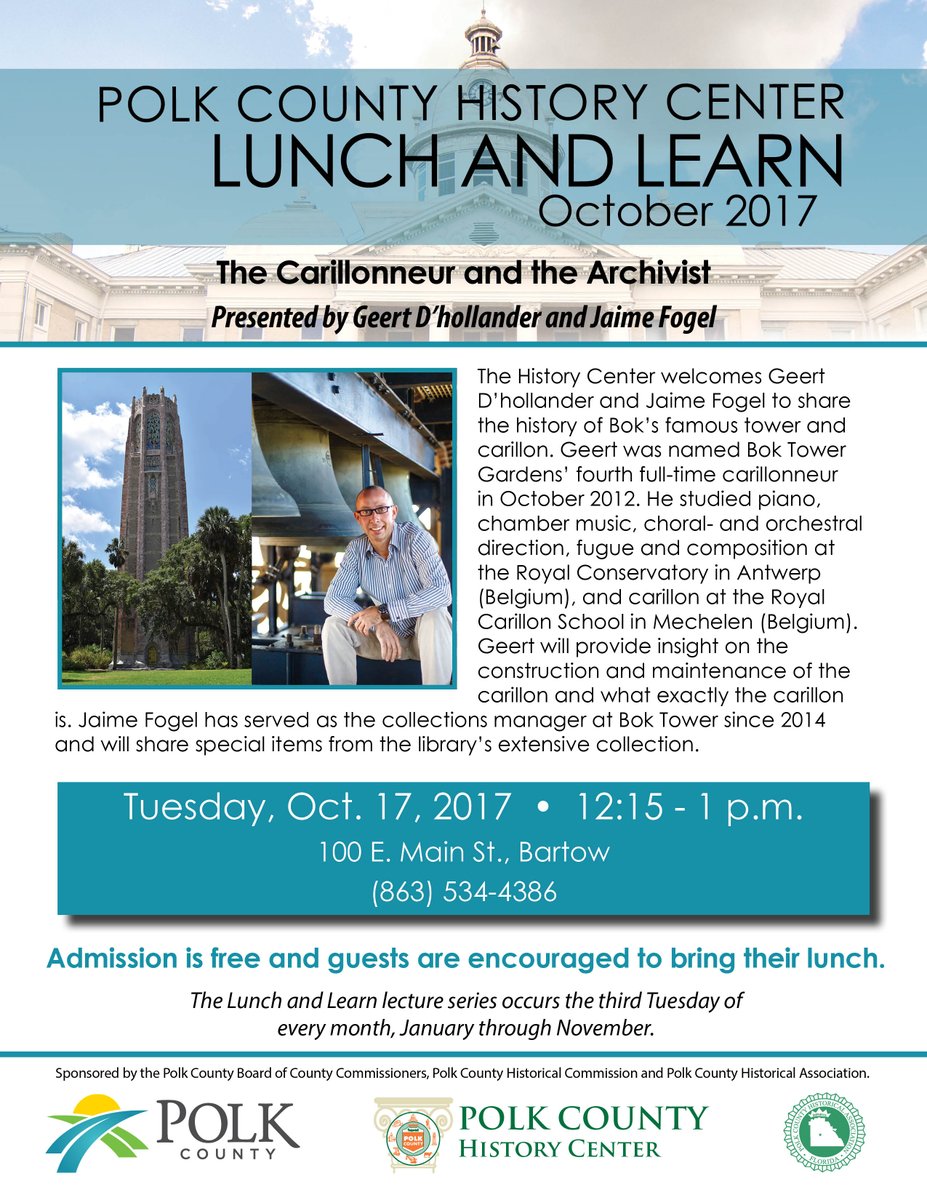 Lunch &amp; Learn 10/17 features <a href="/BokTower/">Bok Tower Gardens</a> 's carillonneur &amp; archivist here at the museum - a <a href="/PolkCountyFL/">Polk County Florida</a> must see! #themanbehindthemusic