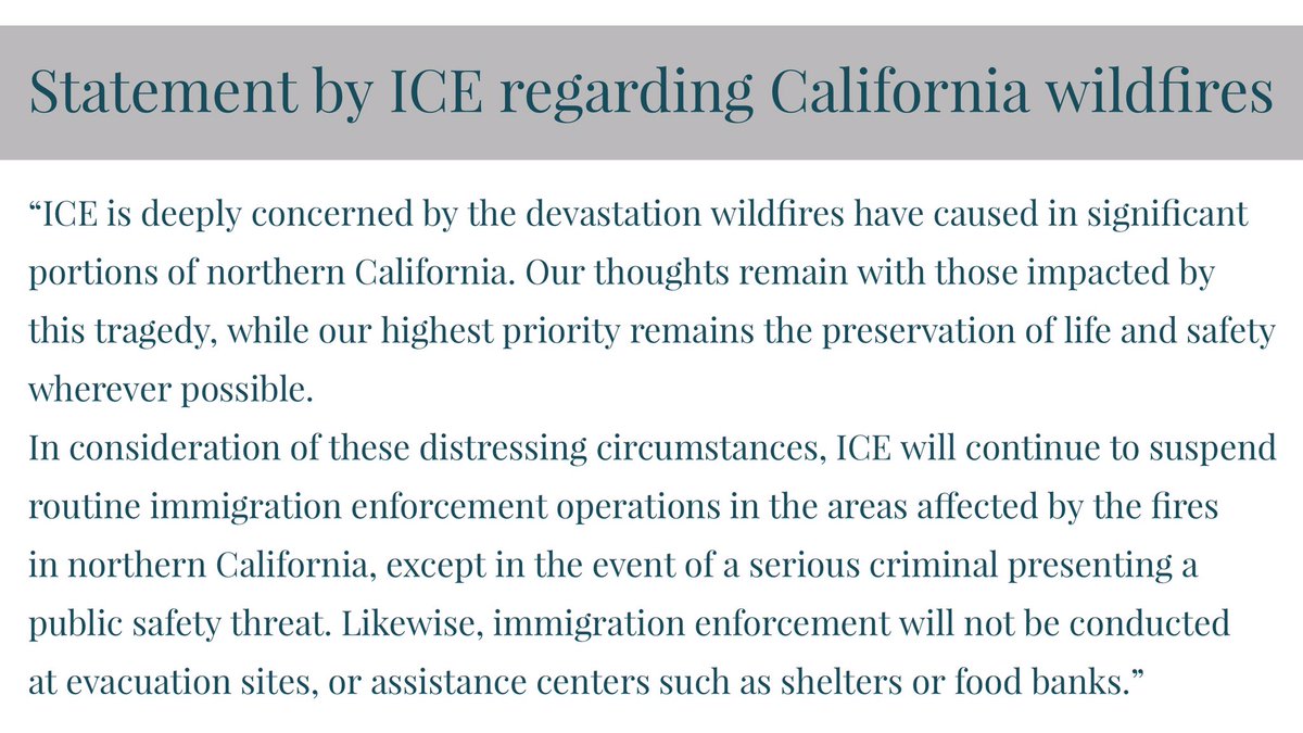 ICEgov's tweet photo. Statement by ICE regarding #CaliforniaFires #californiawildfire https://t.co/xWT3riH6fC