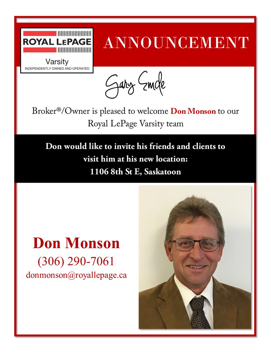 RLPVarsity's tweet photo. Welcome to the Royal LePage Varsity team Don Monson!
#yxe #RLPV #realestate #career https://t.co/uykqM5idRy