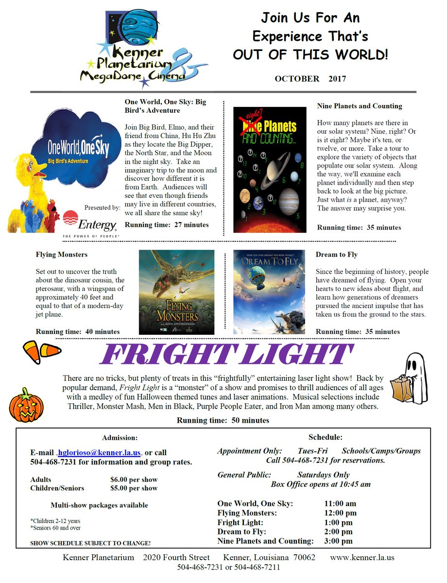JeffersonLAFun's tweet photo. Don't miss @CityofKenner Planetarium's frightfully fun laser light show "Fright Light" in October! #VisitKenner https://t.co/YjQTAB7fCJ https://t.co/npAmObZcDG