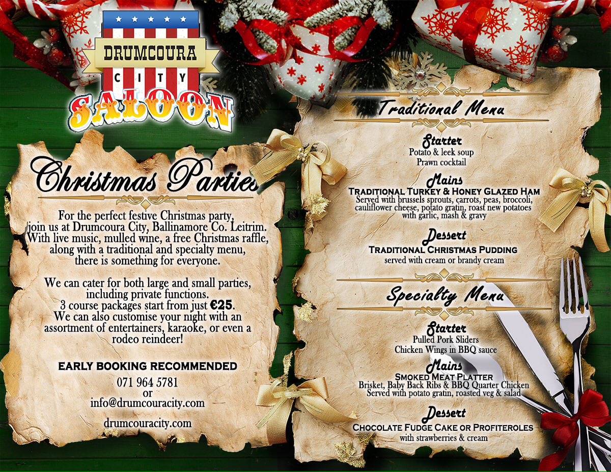 Drumcoura_City's tweet photo. Book your Christmas Party with us 🎅🏼🤶🏼🦌
#christmasparty #christmasmenu #livemusic #karaoke #rodeoreindeer #drumcouracity #Leitrim https://t.co/6pcZuFZgLB