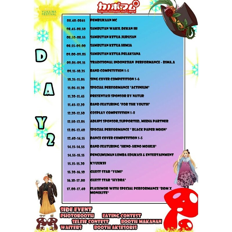 Berikut adalah Rundown Yukaina Festival 2017 Day 2.

#himjaunpak #sasjepunpak #yukainfest2017