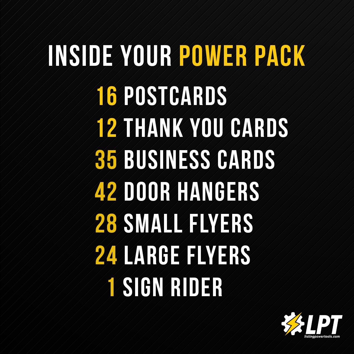 ListingPower's tweet photo. With 150+ print pieces, Just Listed Power Packs impress sellers and attract buyers. Here's what what's inside the box! #LPTAgentBranding https://t.co/yD5GFN9A4n