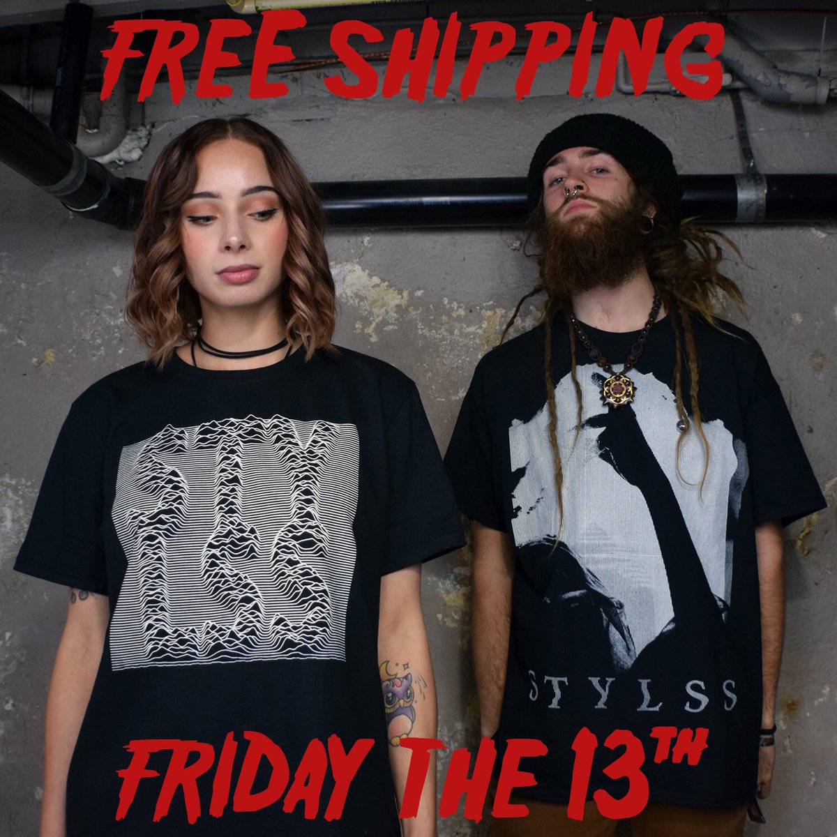 STYLSS's tweet photo. 🔪happy Friday the 13th🔪 

today we're offering FREE U.S. SHIPPING &amp; also a bundle w/ both new shirts for $40! 

https://t.co/pGf8sorRrc 

🖤 https://t.co/mbwCT460Es