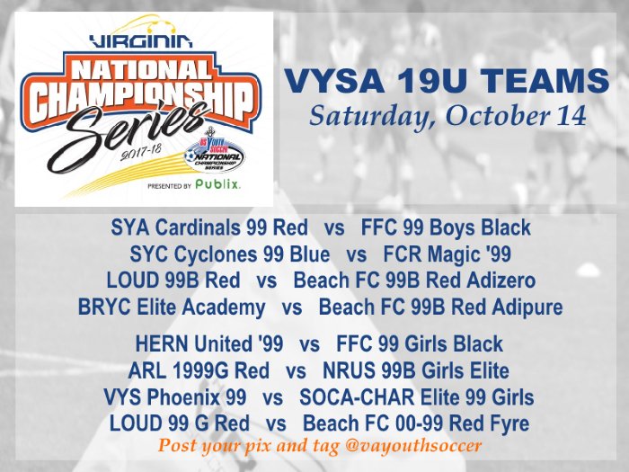Here are the 19U teams competing in #VANCS tomorrow! <a href="/SoccerSYA/">SYA Soccer</a> <a href="/FFC_1986/">Fredericksburg FC</a> <a href="/sycsoccer/">SYC Soccer - Springfield</a> <a href="/FCRichmondRVA/">FC Richmond</a> <a href="/loudounsc/">Loudoun Soccer</a> <a href="/BeachFC_VABeach/">Beach FC Soccer Club</a> <a href="/NRU_Soccer/">New River United</a>