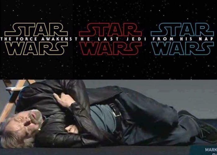 MarkHamill's tweet photo. Early Focus-Group scores indicate that the chances of Episode IX being called: "FROM HIS NAP" are extremely low for some reason. #TepidTitle https://t.co/wQi72Cjy5O