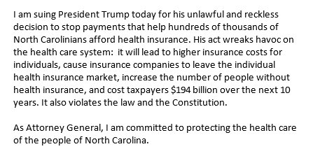 JoshStein_'s tweet photo. I am suing President Trump for his unlawful &amp; reckless decision to stop payments that help 1/2 million NCians afford health insurance. https://t.co/n2UU94QwJZ