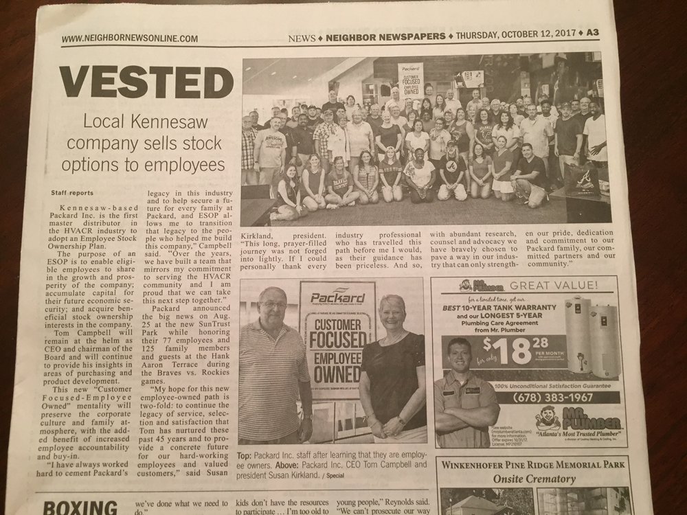 packardonline's tweet image. Thank you @northcobbneighbor for sharing our Employee Ownership story!! The local support has been incredible! #ESOP #HVAC