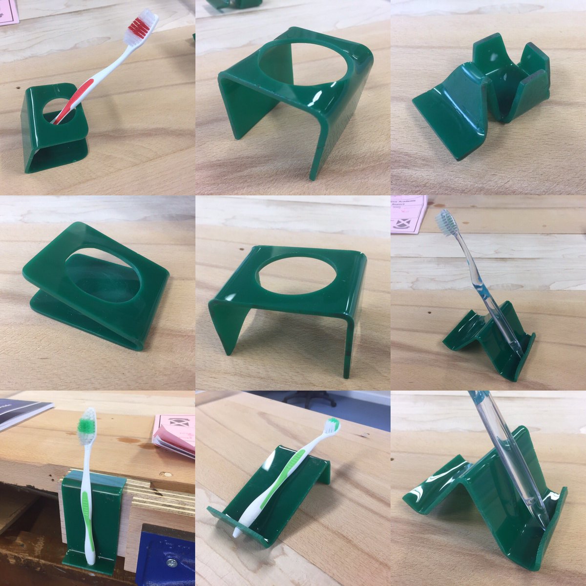 StAndyDT's tweet photo. Yr10. Egg/toothbrush holder. A5 piece of acrylic - challenge is to use the least amount of material. Some neat outcomes. #expecttosucceed https://t.co/h78SnjFyRX