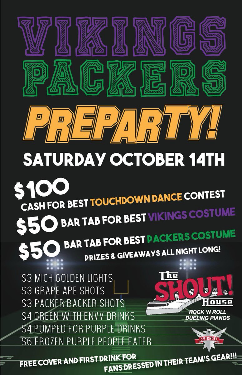 Join us for our Vikings Packers pre party! Tomorrow the 14th we'll have great drink specials and prizes! Click here goo.gl/sSHi3i