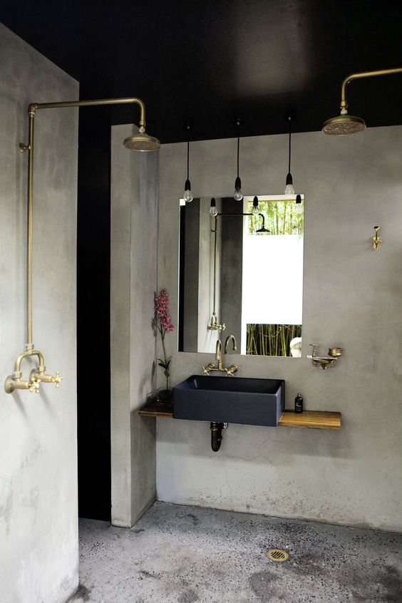pureplumbinglv's tweet photo. Industrial &amp; Classic feel to this #concrete bathroom. 
These design elements play so well together! #concretestyle #Goldenappliances https://t.co/wbIzwjwStP