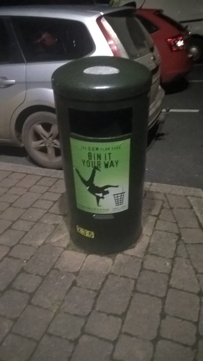 sdc_wardens's tweet photo. On patrol at #StroudTown centre sticking posters on bins. Please dispose of your #gum properly! #AvoidTheFine #Stroud #ChewingGum #litter https://t.co/5RjdrM0nm8
