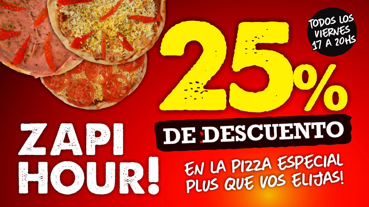 FabricaPizzasok's tweet photo. Llegó el viernes y no podés perderte tu #ZapiHour de 17 a 20hrs ¡Aprovechá el 25% en la Plus que elijás! #AlimentamosTusMomentos😆🍕🙌 https://t.co/Xx4tacsUDF